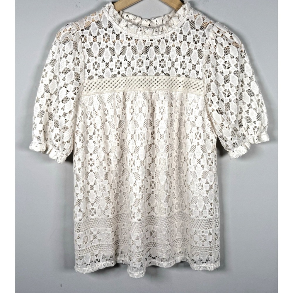 Monteau Ivory Lace Short Sleeve Blouse Top Coquette Peasant Boho Women's M